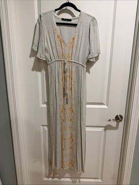 Light Gray Maxi Dress with Yellow Floral Embroidery